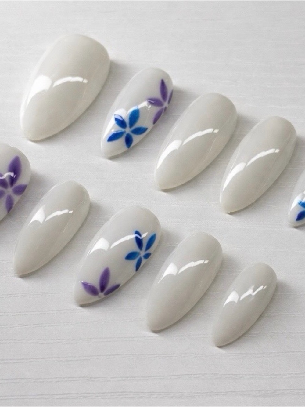 White Press-On Nails with Blue & Purple Floral Accents